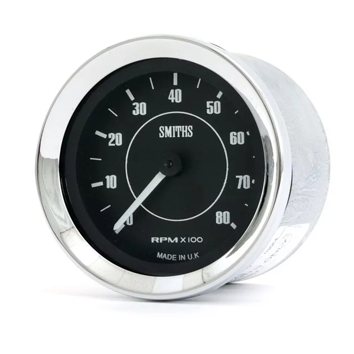 Smiths Classic Mini 8000 Rpm 52mm Tachometer with a black face and chrome bezel