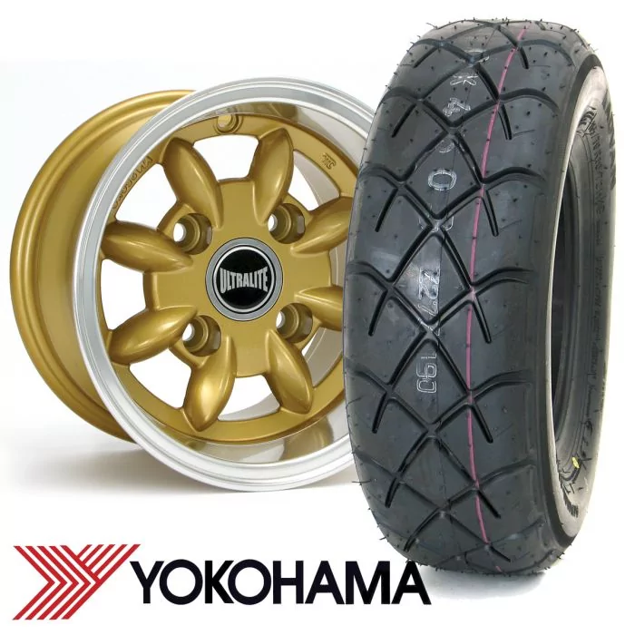 6" x 10" gold Ultralite alloy wheel and Yokohama A032 tyre package