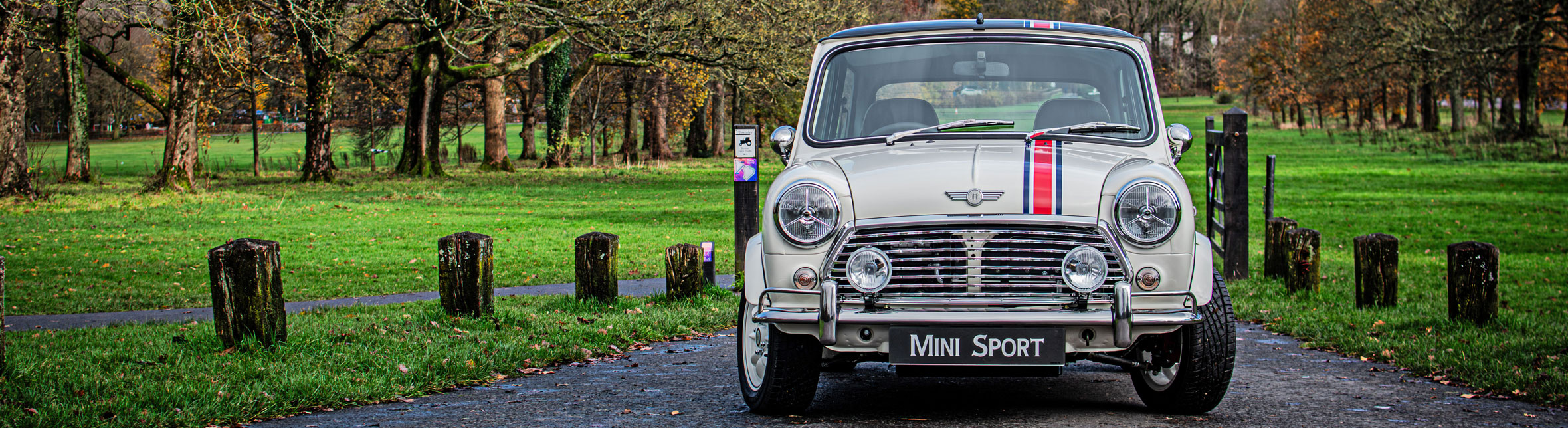 Front of the EV Classic Mini, complete with a red, white and blue stripe.