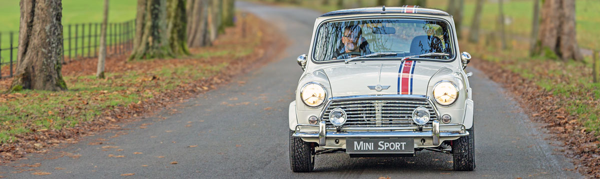 Electric Classic Mini, fitted with the Sport package, for an enhanced driving experience.